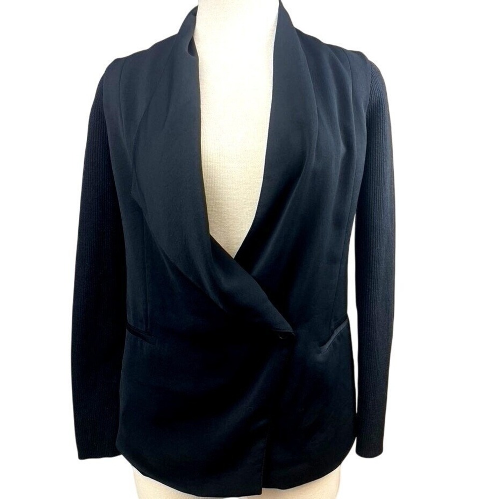 VINCE Womens (2) Black Knit Sleeve Drape Front Blazer Minimalist Androgyny Lined
